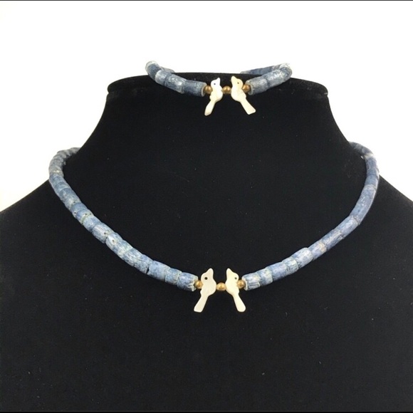 Blue Coral Fetish Mother Pearl Necklace Bracelet - Picture 1 of 8